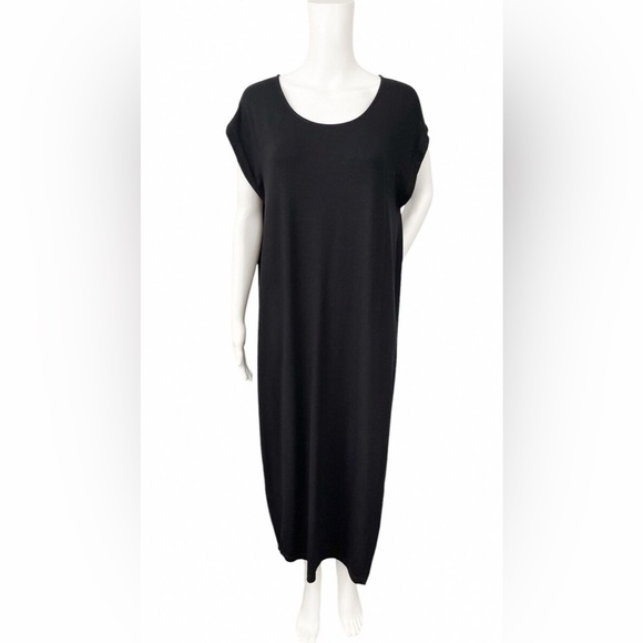 NWOT - Eileen Fisher Black Cap Sleeve Maxi Shift Dress High Slit - Size S/P - Picture 1 of 7